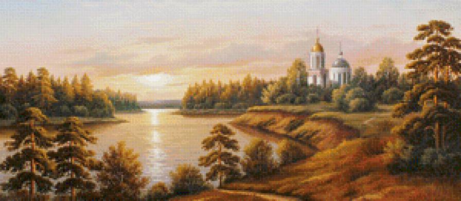 осенний закат - пейзаж, картина, осень, храм - предпросмотр