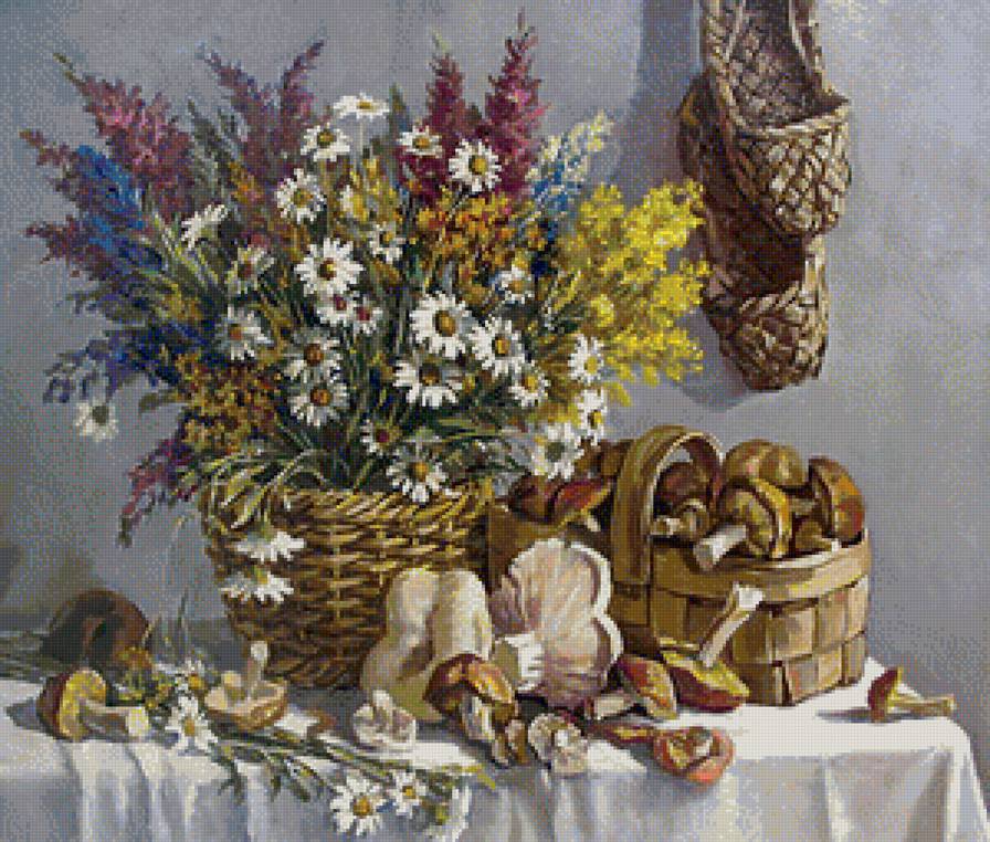 дары леса - цветы, картина, грибы, натюрморт - предпросмотр