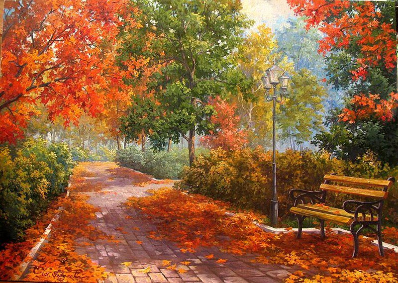 Теплая осень - пейзаж, парк, осень, осенний парк, деревья, скамейка, осенний лес, лес - оригинал