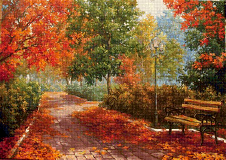 Теплая осень - осень, скамейка, лес, пейзаж, деревья, осенний лес, парк, осенний парк - предпросмотр