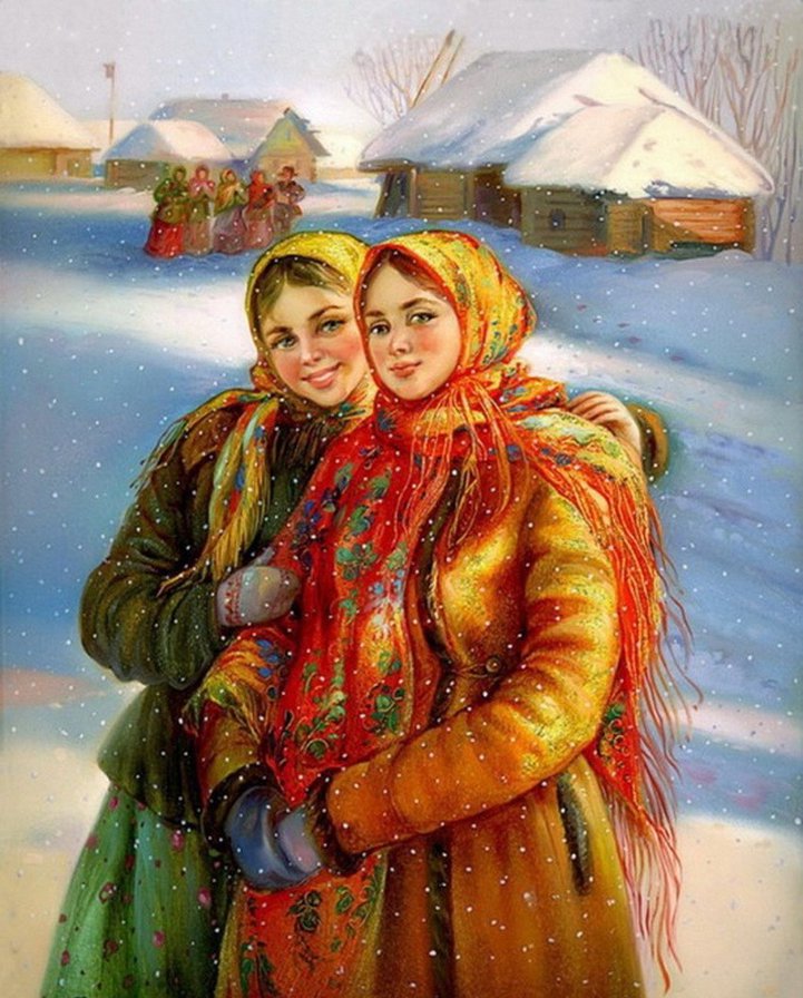 красавицы - люди, зима, картина, пейзаж - оригинал