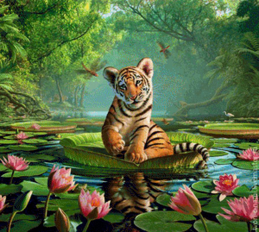 Тигрёнок на озере - озеро, тигр - предпросмотр