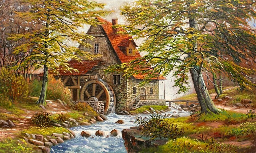 старая мельница - пейзаж, лес, мельница, дом, осень, река - оригинал