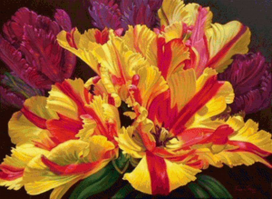 Пёстрый букетик - желтые цветы, цветы, букет, живопись, тюльпаны, красные цветы - предпросмотр