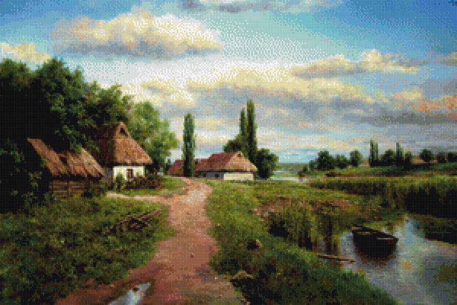 Родное село - домик, пейзаж, река - предпросмотр