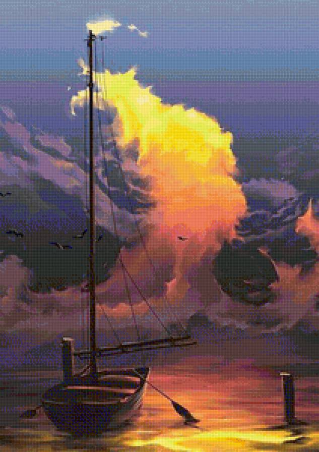 Лодка - закат, вода, море - предпросмотр