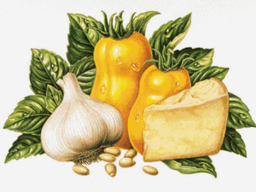 Овощной натюрморт - чеснок, натюрморт, помидоры, базилик, томаты, для кухни, овощи - предпросмотр