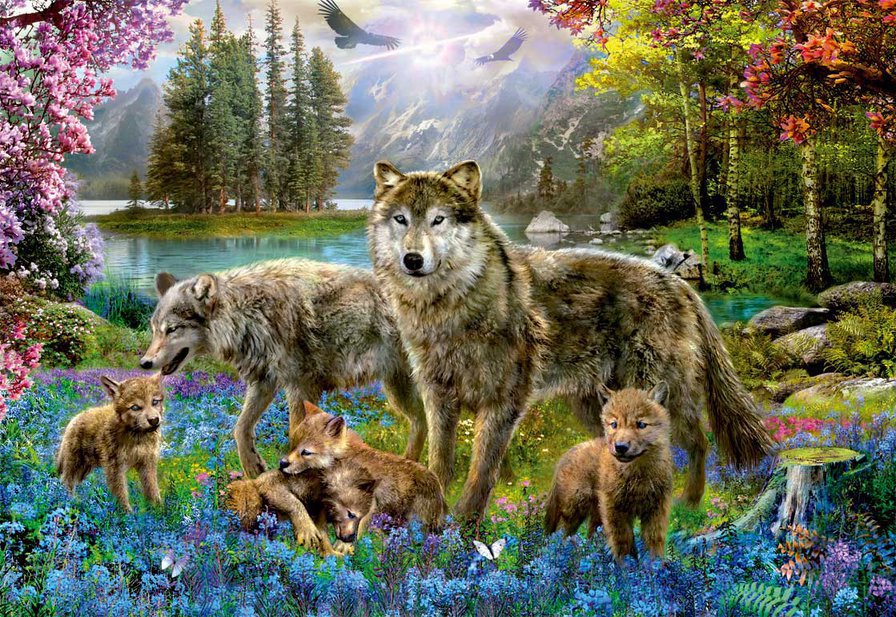 Семья волков - вышивание крестом, семья волков, волки - оригинал