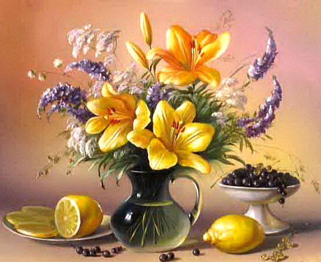 натюрморт с лимоном - картина, натюрморт, фрукты, лилии, цветы - оригинал