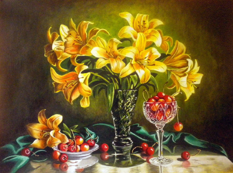 натюрморт с вишней - натюрморт, цветы, фрукты, лилии, картина - оригинал