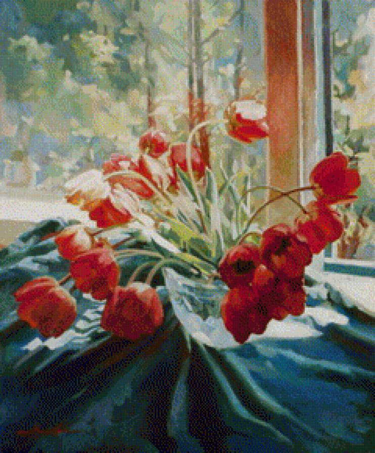 тюльпаны на окне - цветы, натюрморт - предпросмотр