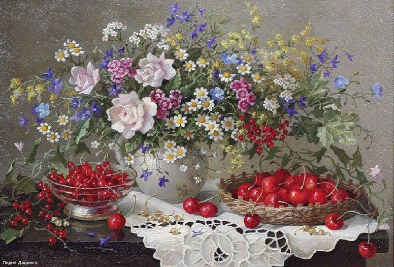 натюрморт с ягодами и цветами - цветы, натюрморт - оригинал