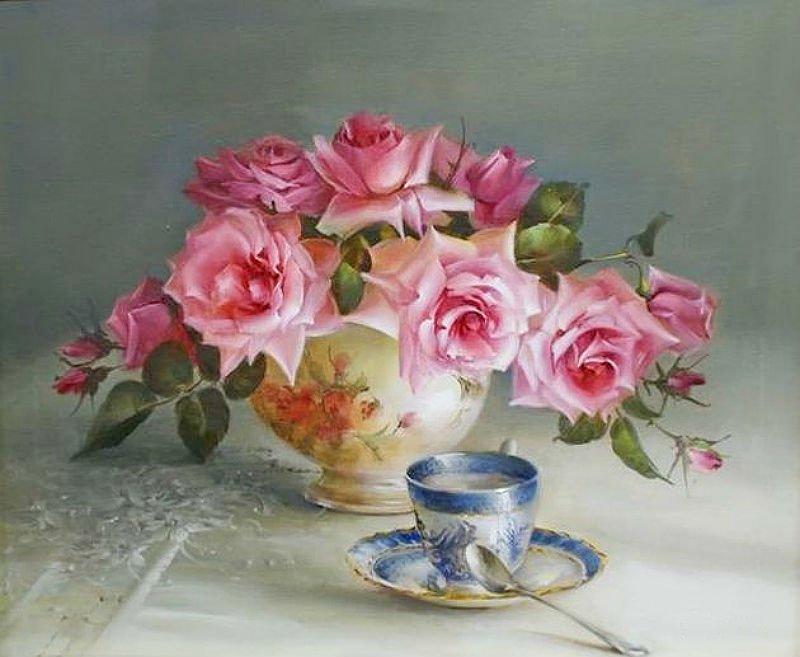 Розовые розы - розы, цветы, чашка - оригинал