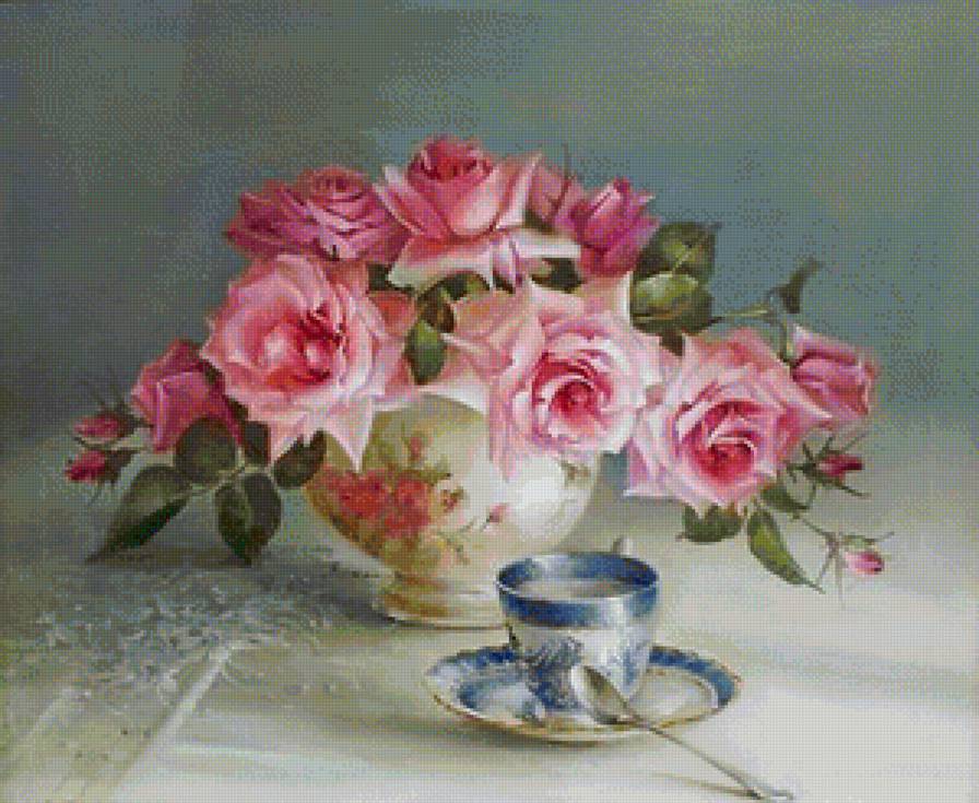 Розовые розы - цветы, чашка, розы - предпросмотр