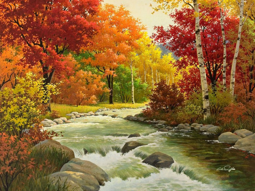 Золотая осень - ручей, осень, вода, природа, лес, живопись - оригинал