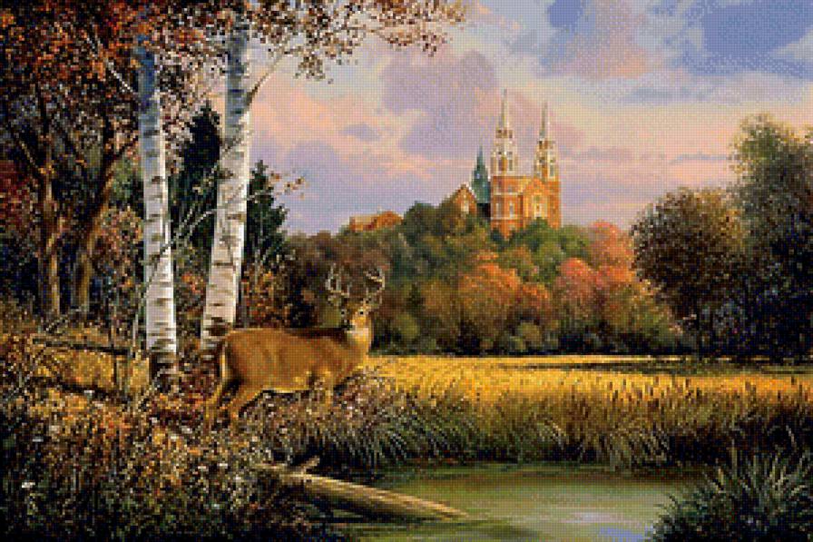 пейзаж - пруд, пейзаж, лес, природа, олени - предпросмотр