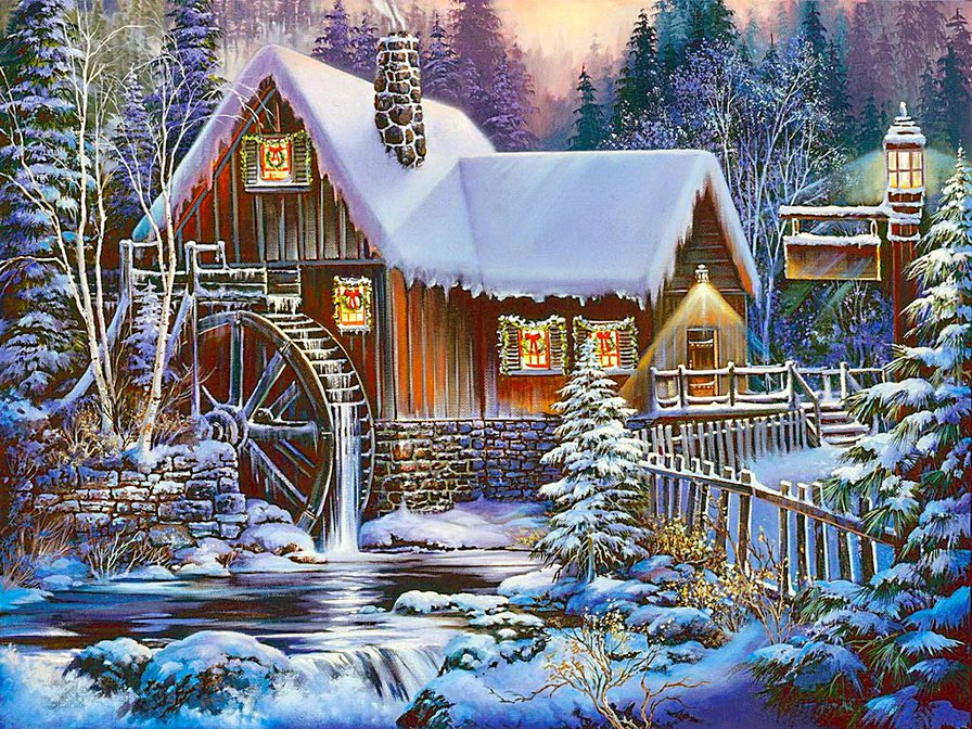 старая мельница - лес, мельница, зима, пейзаж, снег, дом - оригинал