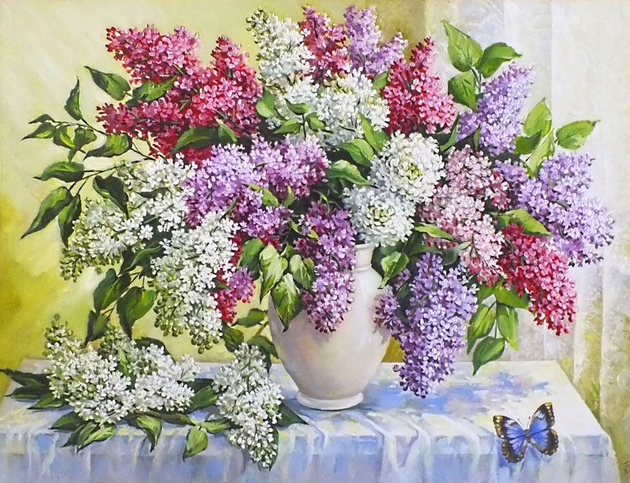 сиреневое чудо - белые цветы, сирень, бабочка, букет, лиловые цветы - оригинал
