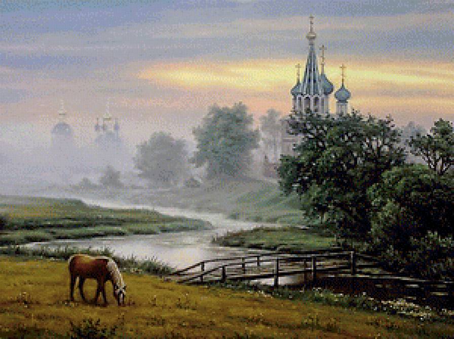 пейзаж с храмом - храм, пейзаж, река, лошади, природа - предпросмотр