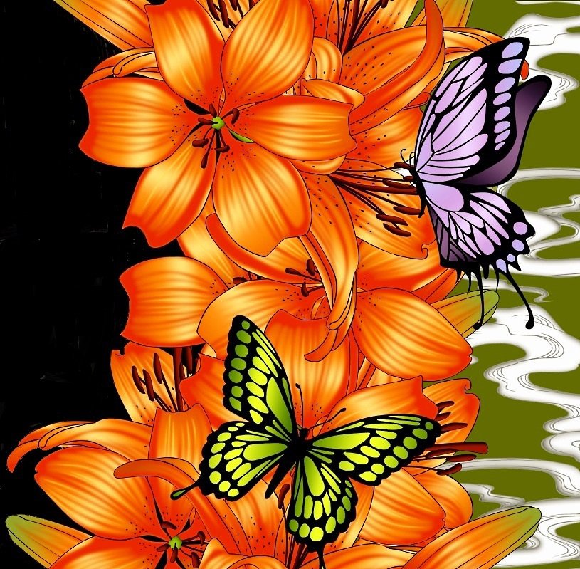 огненный цветок - оранжевые цветы, бабочки, лилия, бабочка, тигровая лилия - оригинал