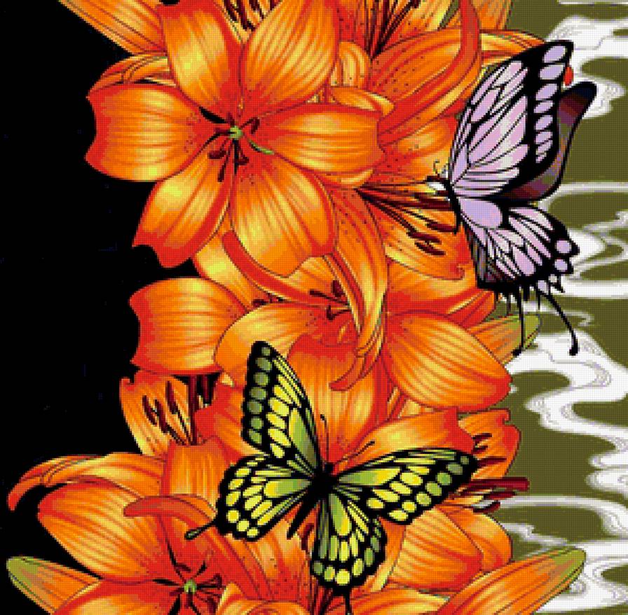 огненный цветок - лилия, оранжевые цветы, бабочки, бабочка, тигровая лилия - предпросмотр