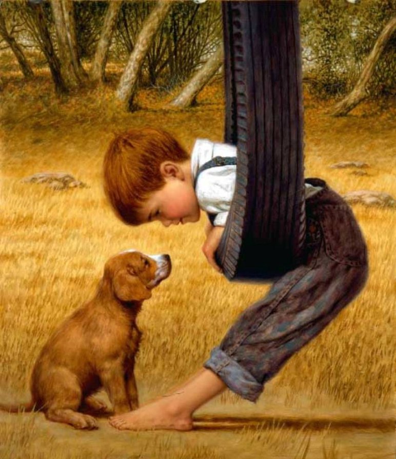 друзья - картина, собаки, люди - оригинал