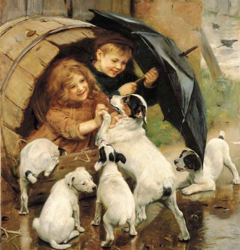 Спрятались от дождя - собаки, люди, картина - оригинал