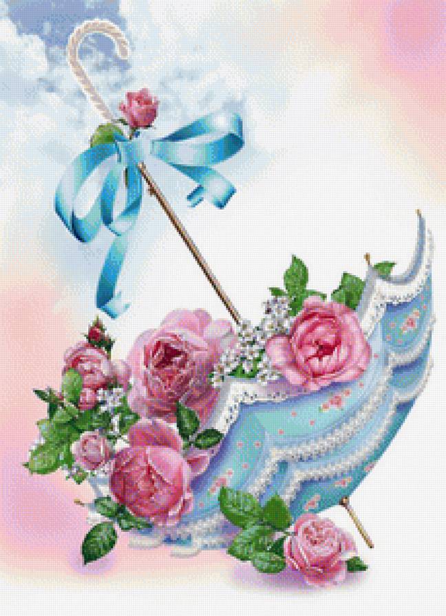Оригинальный букетик - розовые цветы, зонт, букет, цветы, розовые розы, розы, небо - предпросмотр