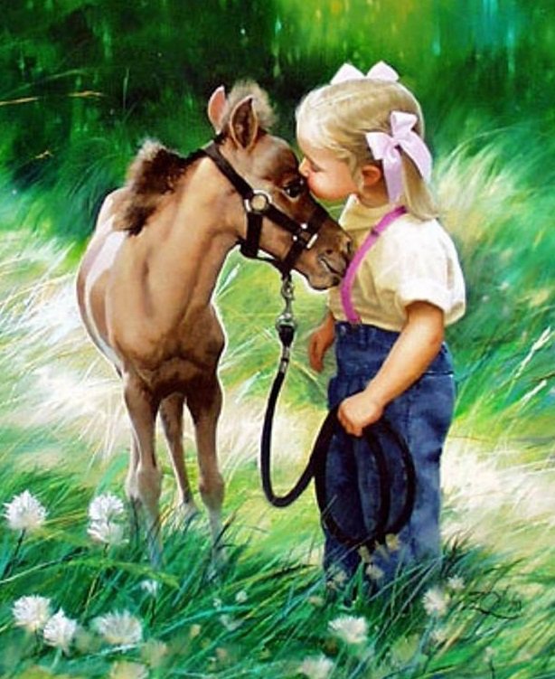 маленькие друзья - люди, картина, природа, лошади - оригинал
