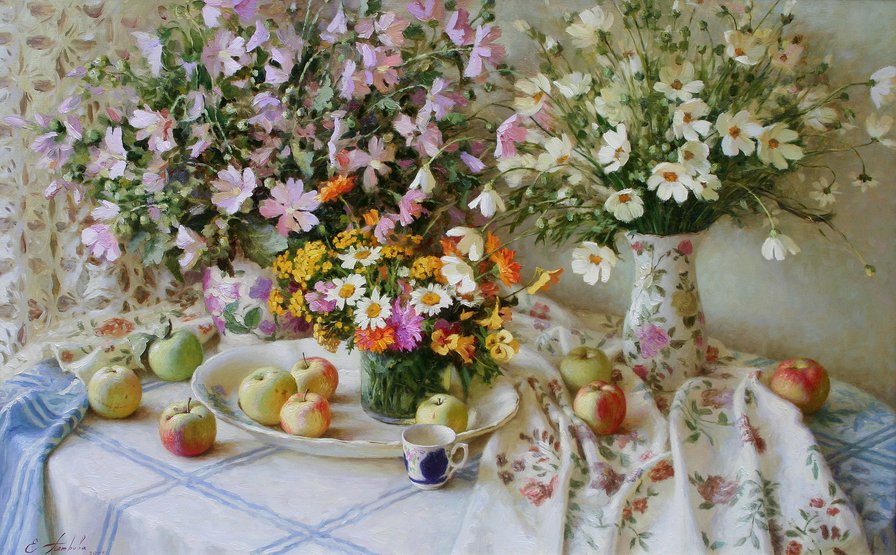 натюрморт с космеей и фруктами - цветы, натюрморт, яблоки - оригинал