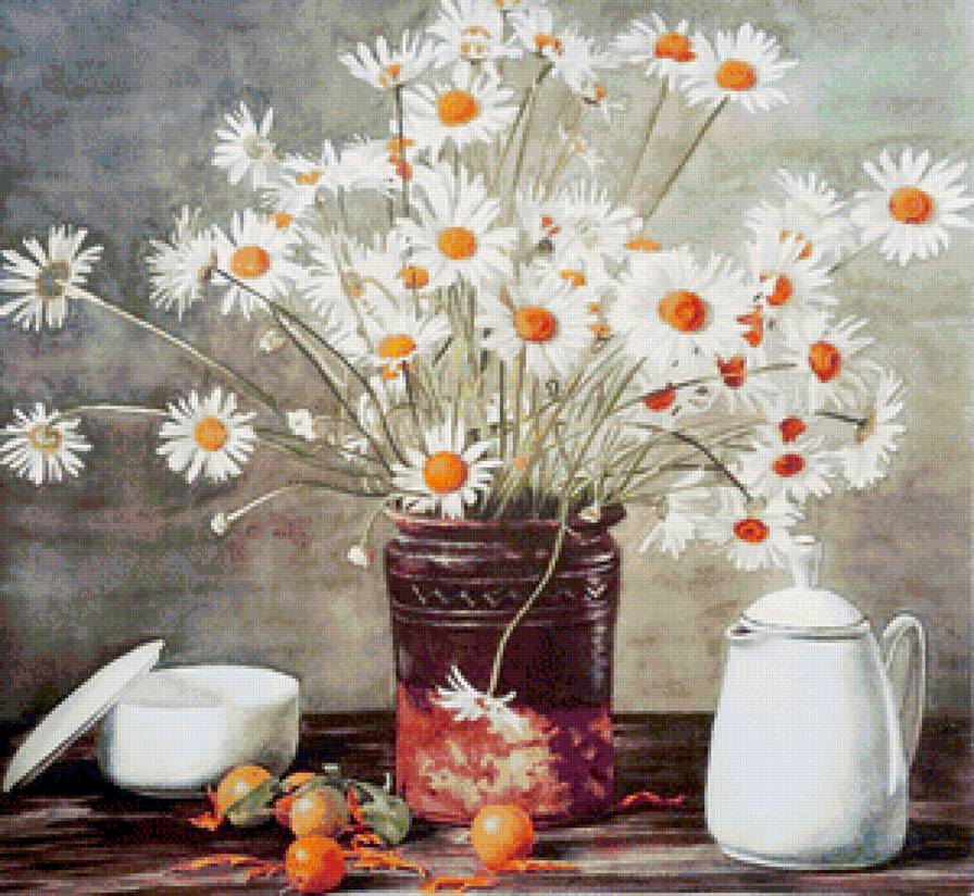 Натюрморт с ромашками - полевые цветы, ромашки, цветы в вазе, букет, белые цветы, натюрморт - предпросмотр