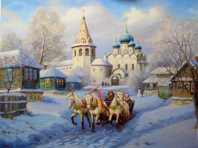 русская зима - люди, лошади, пейзаж, картина, зима - оригинал