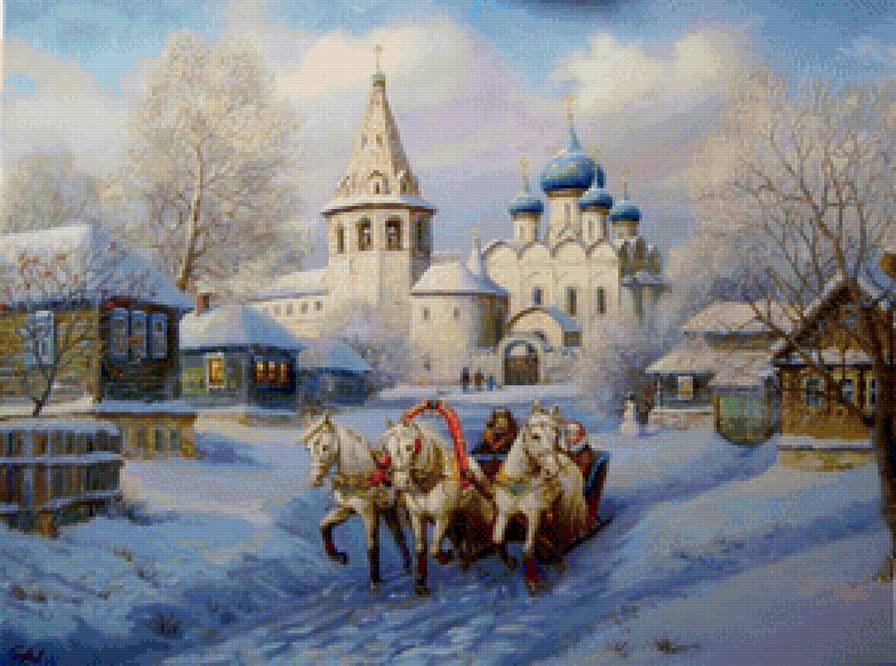 русская зима - люди, лошади, пейзаж, картина, зима - предпросмотр