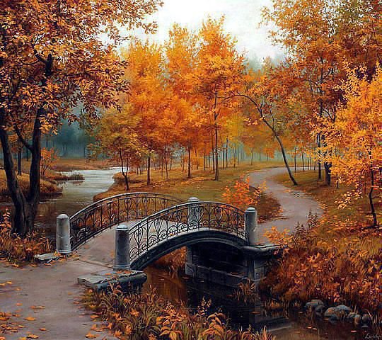 Осенний парк - парк, пейзаж.лес, осень, мост - оригинал