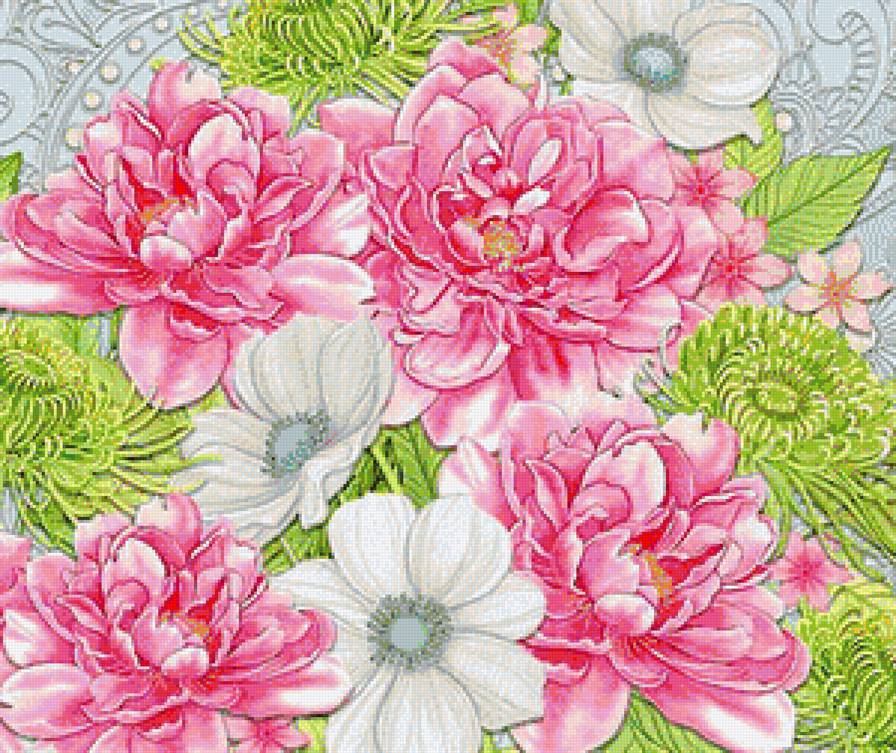 нежные цветы - пион, белые цветы, анемоны, пионы, подушка, розовые цветы, анемон - предпросмотр