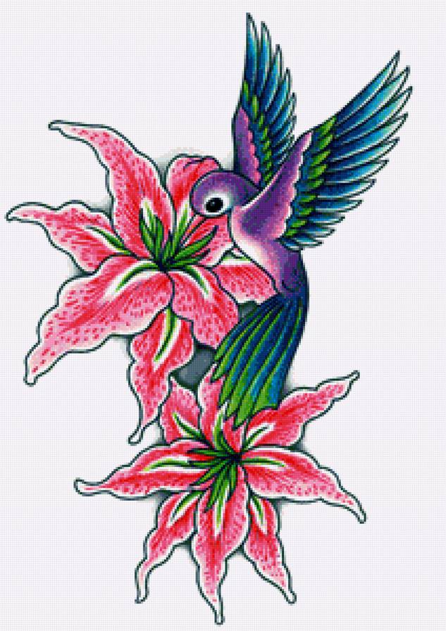 Лилии и птичка - птицы, лилии, цветы, колибри - предпросмотр