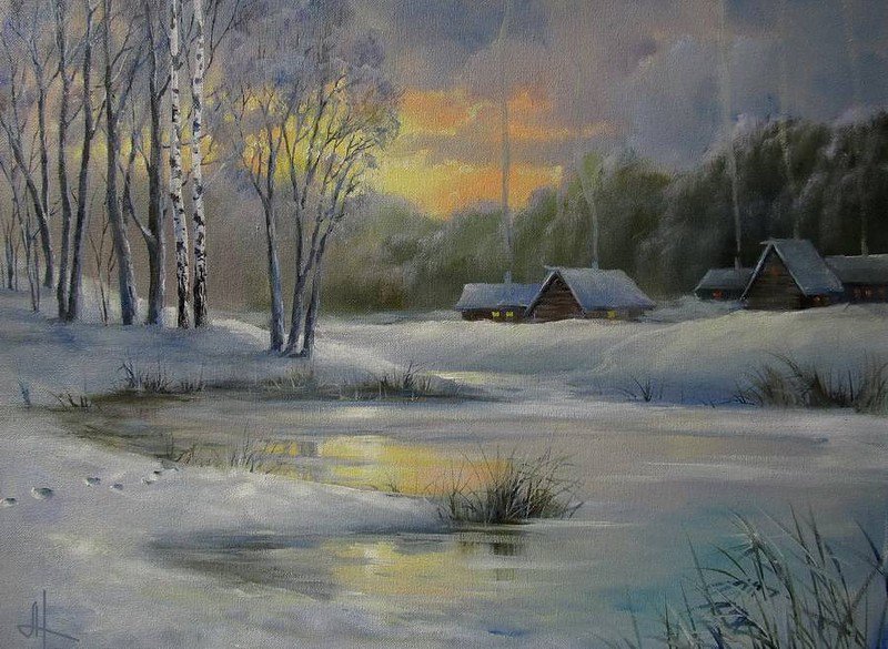 пейзаж - зима, пейзаж, ночь, деревня - оригинал