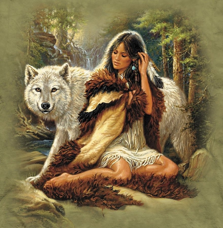 в гармонии с природой - волк, индеанка, индейцы, девушка, белый волк, женщина, индианка - оригинал