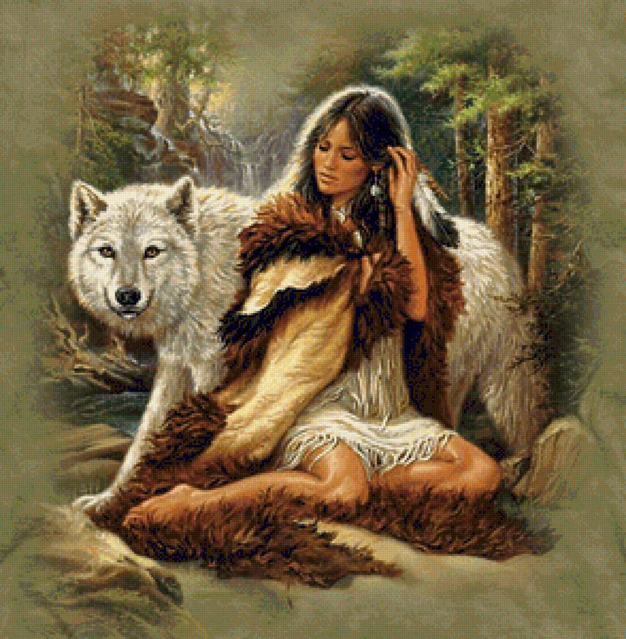 в гармонии с природой - индеанка, волк, индейцы, индианка, женщина, белый волк, девушка - предпросмотр
