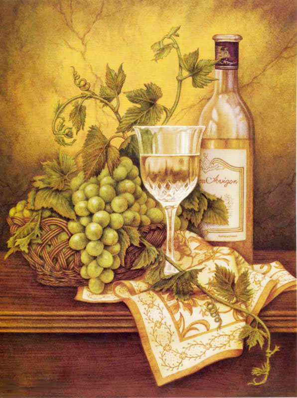 Натюрморт с белым вином - натюрморт, бокал, виноград, для кухни, монохром, фрукты, вино - оригинал