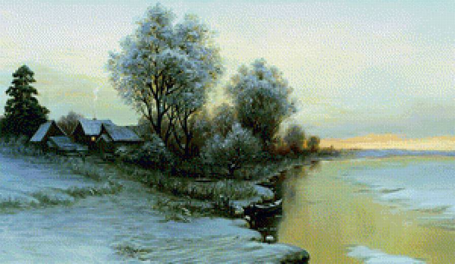 зимний вечер - картина, зима, пейзаж, природа - предпросмотр