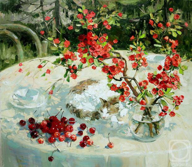 Павлова М. Хорошо в саду летом - кошки, натюрморт, цветы - оригинал