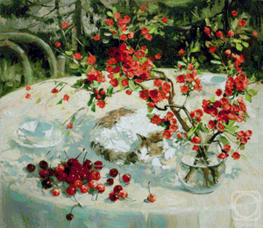 Павлова М. Хорошо в саду летом - цветы, кошки, натюрморт - предпросмотр