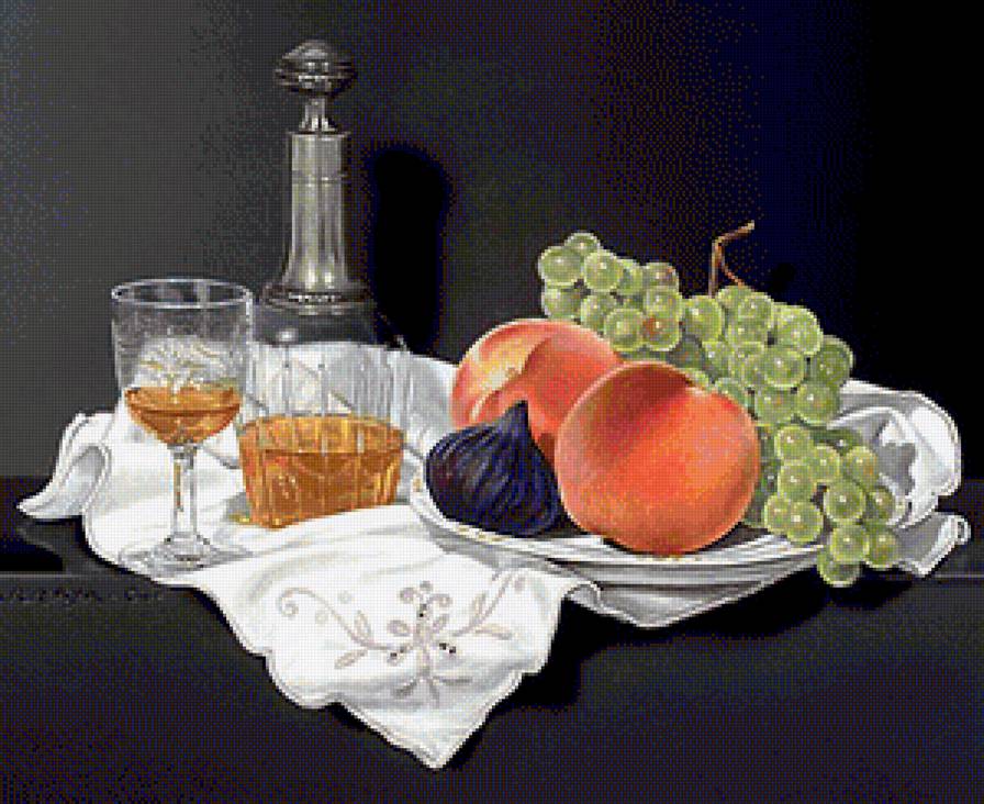 Натюрморт - персик, фрукты, виноград, вино, на кухню - предпросмотр