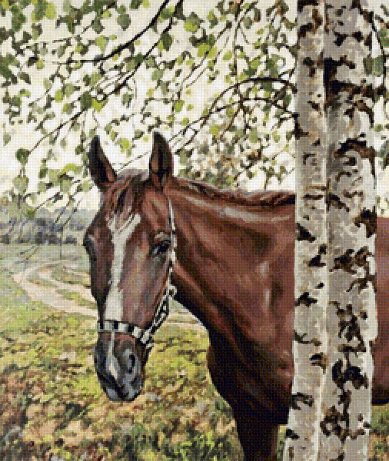 лошадь - природа, лошади, пейзаж, картина - предпросмотр