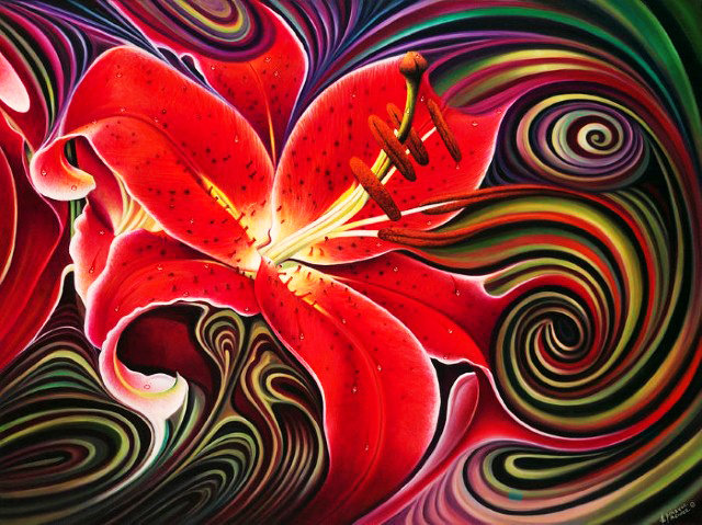 Дивный цветок - лилия, панно, красные цветы, абстракция, цветы, цветок, живопись - оригинал