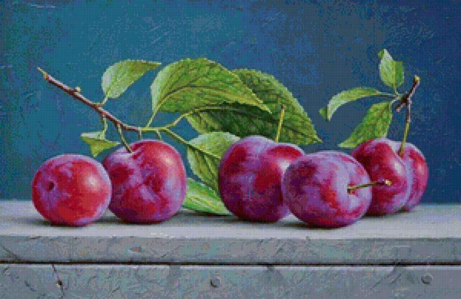 Натюрморт со сливами - богатый урожай, фрукты, панель, для кухни, сливы, натюрморт, листья - предпросмотр