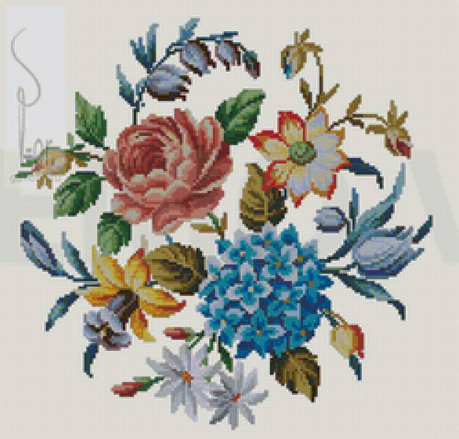 старинный рисунок - подушка, цветы - предпросмотр