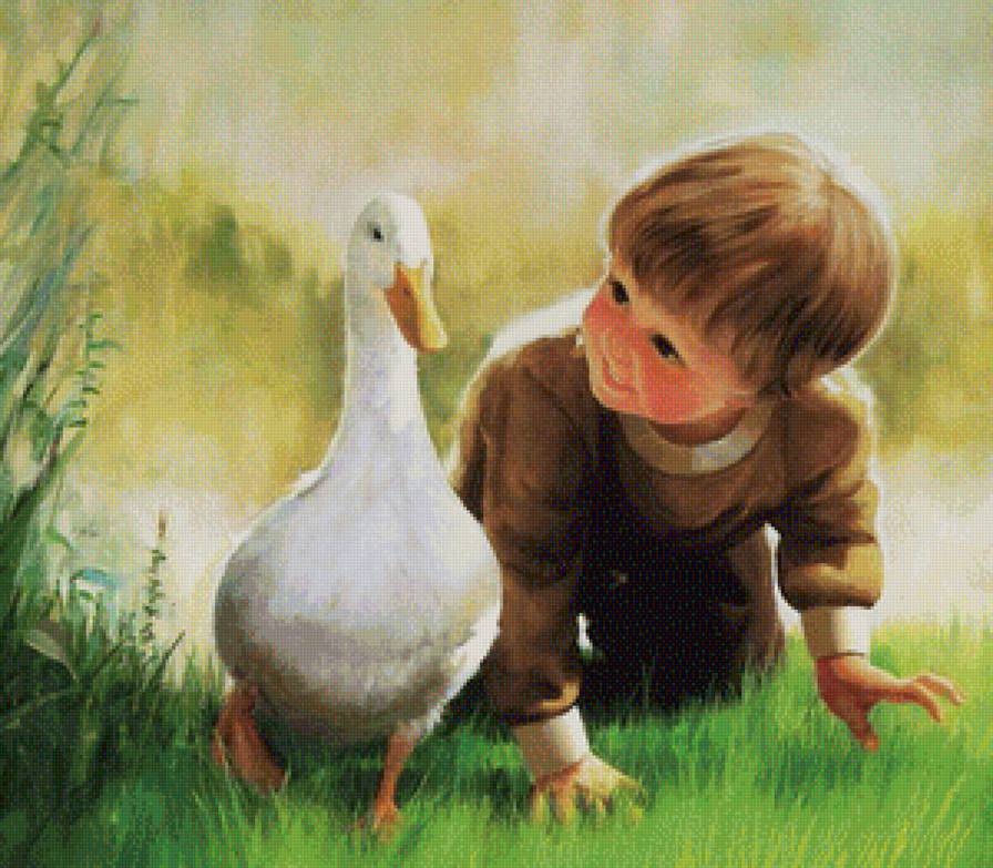 на прогулке - люди, картина, природа, птицы - предпросмотр