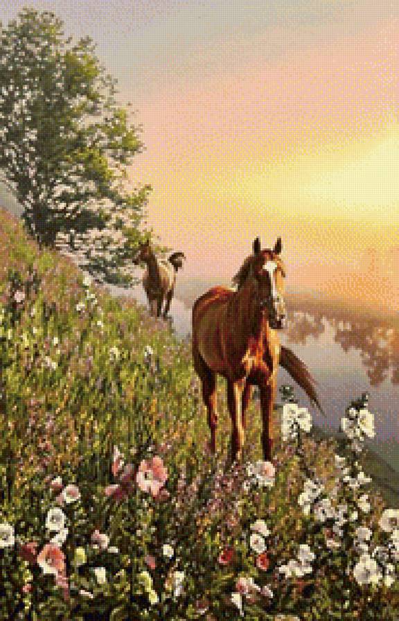 лошади - лошади, природа, пейзаж, картина - предпросмотр